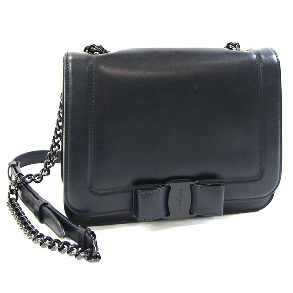 Salvatore Ferragamo Vara 21 Shoulder Bag G877 Black Leather Chain Ribbon Cros... - Picture 1 of 10
